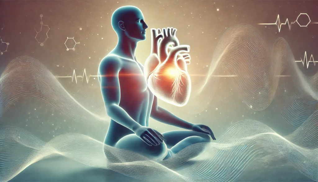 Glowing stylized heart floating above a meditating figure in a softly lit, abstract background, illustrating the physiological connection between fasting and heart health.