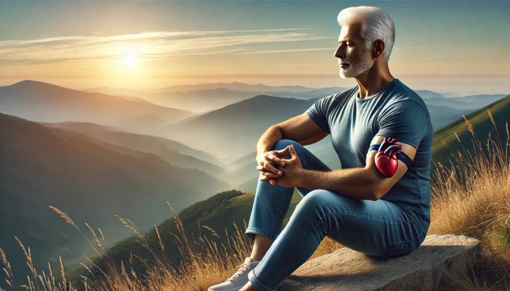 Fit older man sitting peacefully on a mountain at sunrise, overlooking a vast landscape, symbolizing longevity, inner calm, and the cardiovascular benefits of fasting.