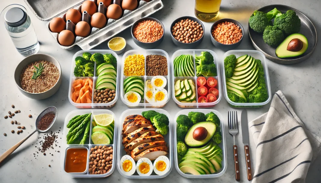 Overhead view of organized high-protein meal prep containers featuring grilled chicken, quinoa, lentils, eggs, chickpeas, broccoli, and avocado on a clean kitchen counter.