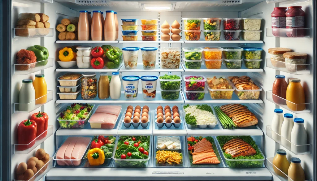 Modern refrigerator interior neatly stocked with high-protein foods like Greek yogurt, tofu, grilled chicken, turkey, eggs, and leafy greens in clear containers, symbolizing a structured diet plan.