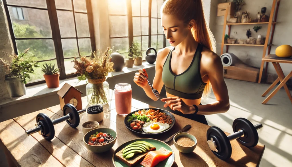 Athletic woman enjoying a high-protein breakfast of scrambled eggs, avocado, smoked salmon, and whole grain toast in a sunny room, with dumbbells and a yoga mat in the background.