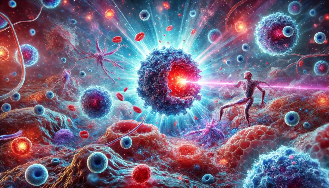 Medical illustration of Tumor-Infiltrating Lymphocytes (TILs) surrounding and attacking melanoma cancer cells in human tissue, representing a breakthrough in immunotherapy treatment.