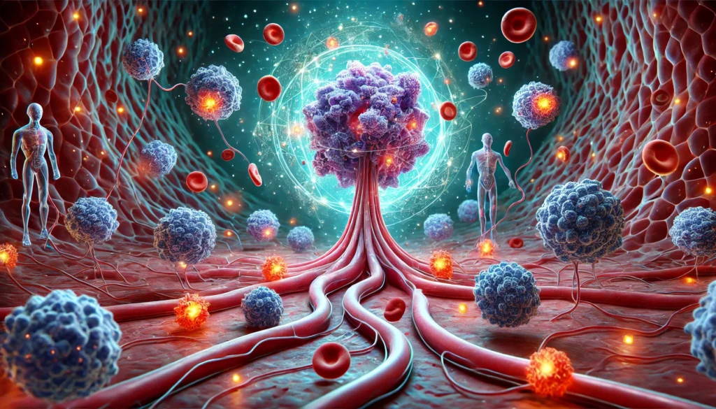3D visualization of immune cells traveling through blood vessels toward a melanoma tumor, depicting Tumor-Infiltrating Lymphocytes in action as part of advanced cancer immunotherapy.