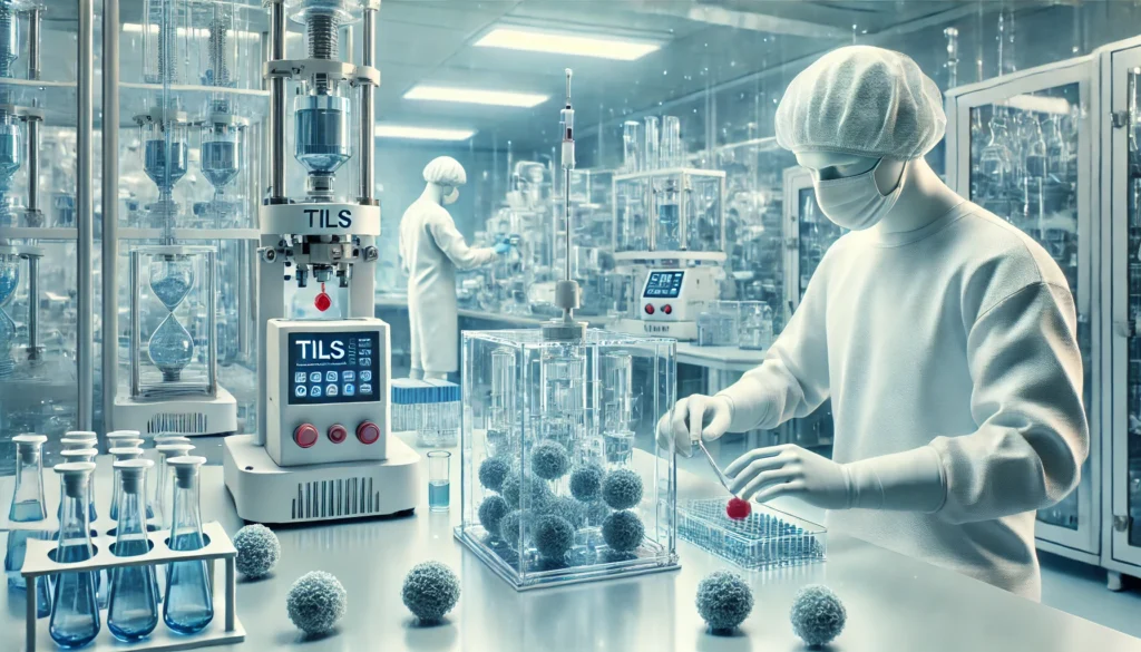 High-tech laboratory scene showing scientists preparing Tumor-Infiltrating Lymphocytes (TILs) for personalized cancer therapy, highlighting innovation in melanoma treatment.