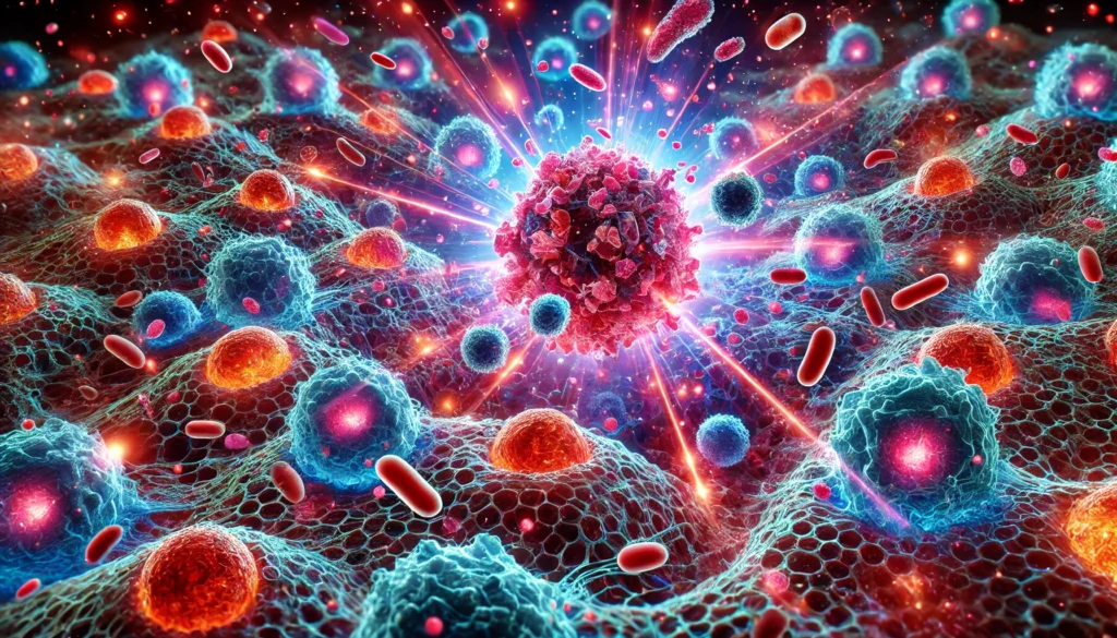High-powered microscopic view of Tumor-Infiltrating Lymphocytes releasing cytotoxic granules to destroy melanoma cells, shown with vivid cellular textures and bursts of light representing immune response.