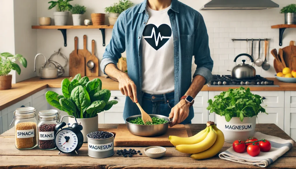 Bright kitchen scene with a person preparing a meal using magnesium-rich foods such as spinach, black beans, quinoa, and bananas, symbolizing natural dietary approaches to lowering blood pressure.