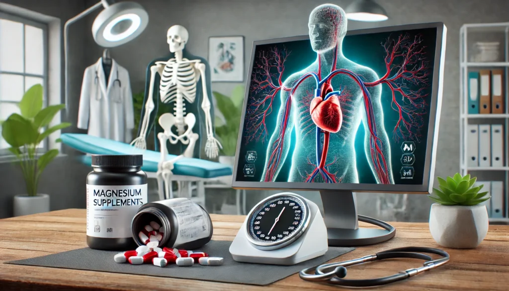 Clinical environment featuring a 3D circulatory system model on a digital screen, alongside magnesium supplements, a blood pressure monitor, and a doctor’s white coat, blending medical science with natural therapy.