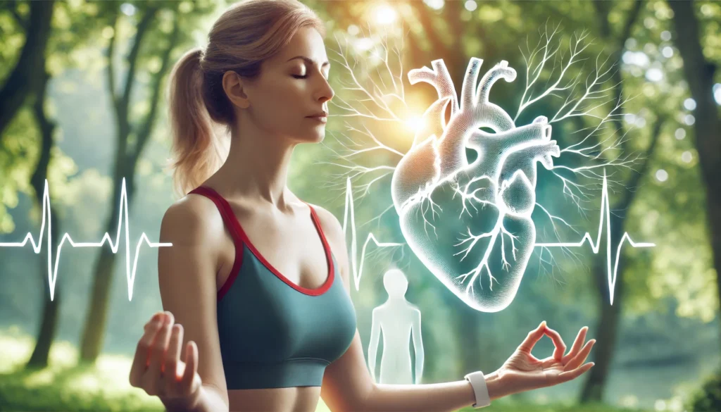 A serene outdoor setting with a middle-aged woman practicing meditation surrounded by green trees, with a translucent image of a heart and blood vessels, representing the cardiovascular benefits of magnesium.