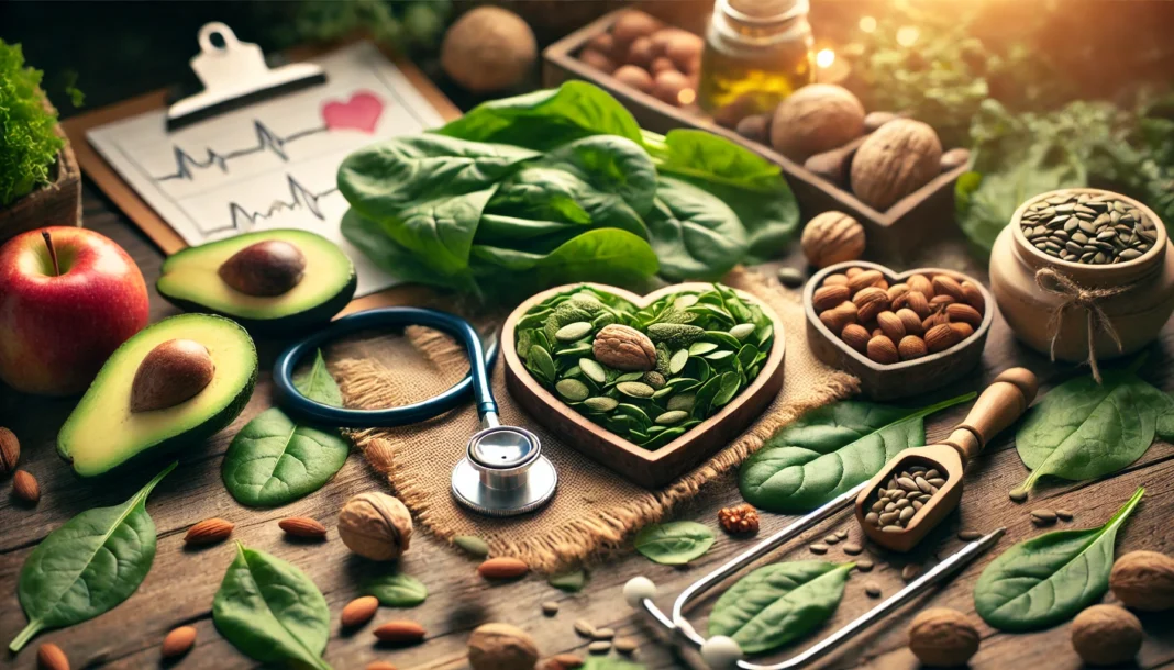 Magnesium-rich foods including leafy greens, nuts, seeds, and avocados arranged on a rustic wooden table with a stethoscope and heart chart in the background, symbolizing natural heart health support.