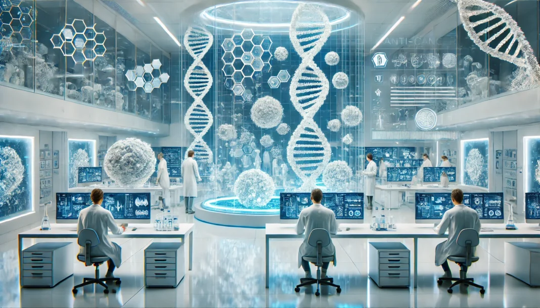 Futuristic cancer research laboratory with scientists in clean lab coats analyzing molecular structures and digital displays, symbolizing breakthroughs in anti-cancer drug development.