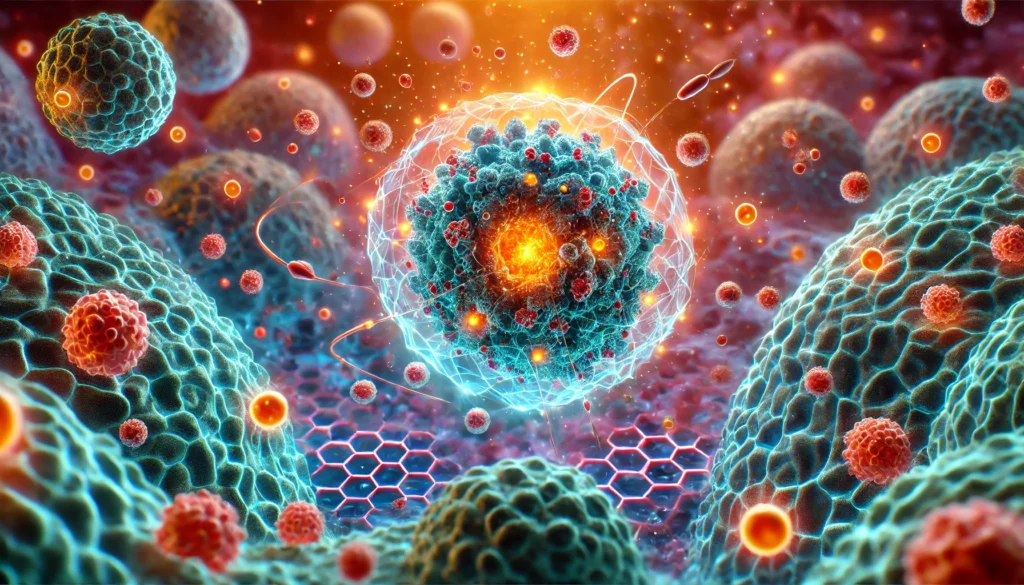 Microscopic view of cancer cells being precisely targeted by nano-sized drug delivery systems, highlighting the role of advanced cancer medication technologies.