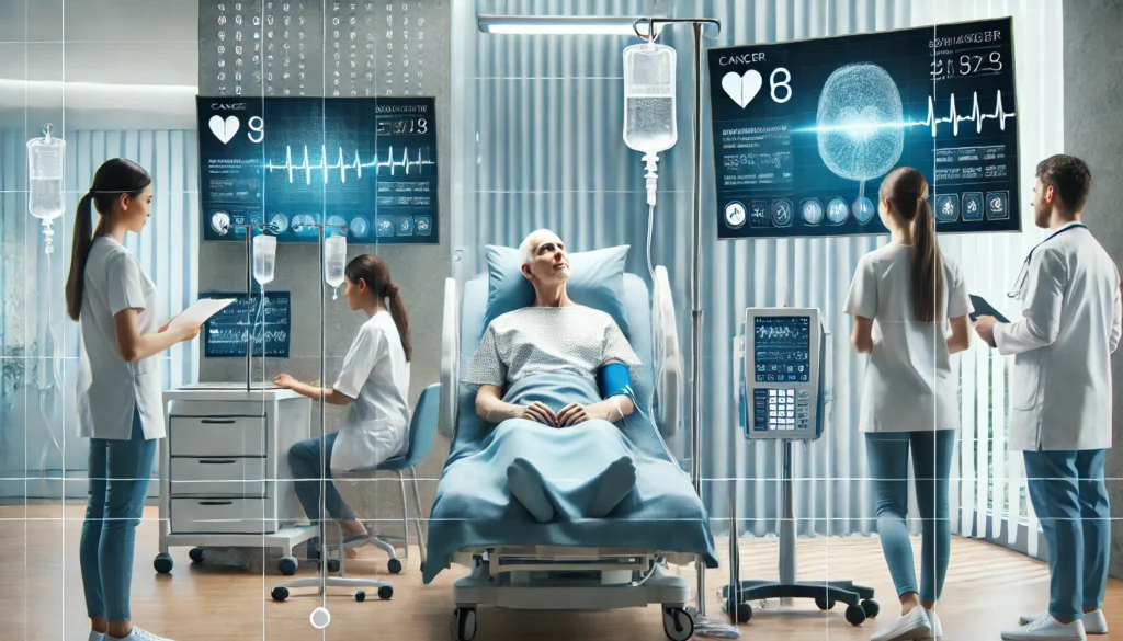 Cancer patient receiving intravenous anti-cancer treatment in a high-tech hospital room, monitored by healthcare professionals and modern medical equipment.