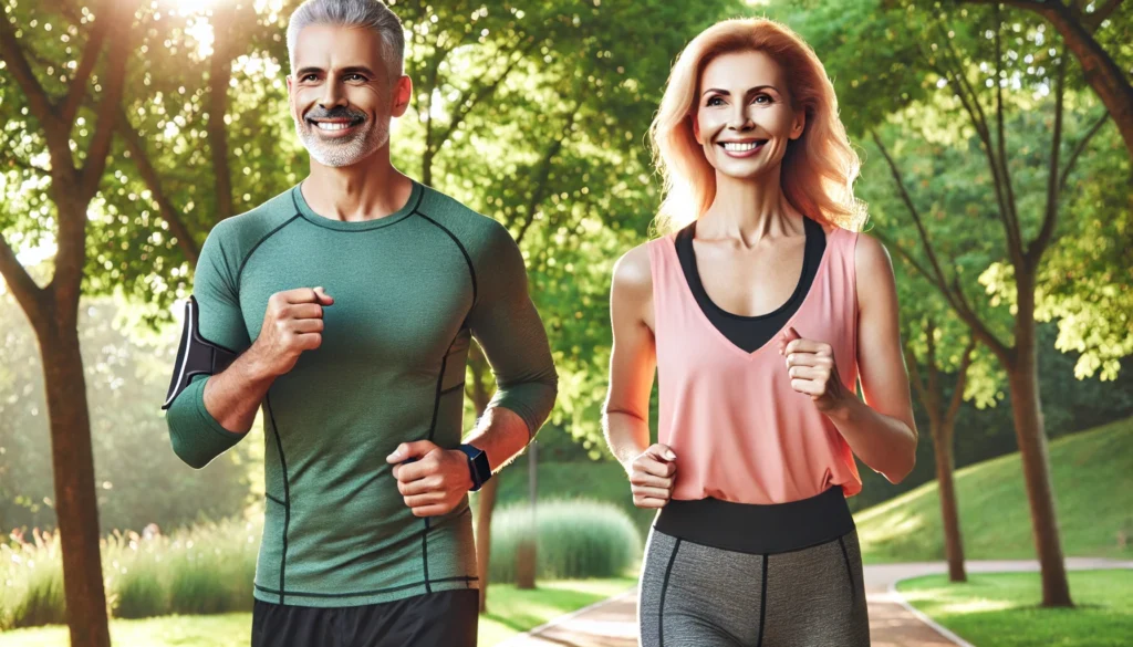 Middle-aged man and woman jogging in a sunny park, representing weight loss through exercise and its benefits for blood pressure.