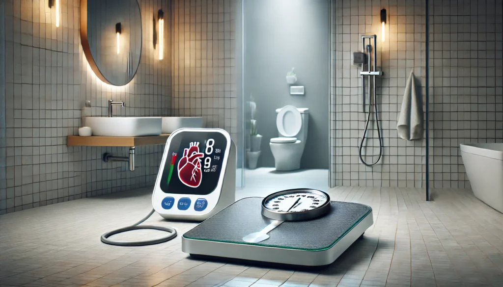 Digital bathroom scale showing weight loss placed beside a blood pressure monitor with a healthy reading, symbolizing the connection between weight loss and improved cardiovascular health.