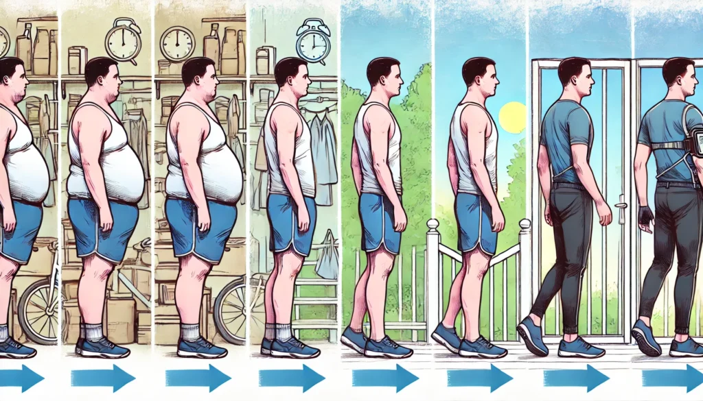 Overweight man gradually transforming into a fit version of himself across four stages, illustrating lifestyle changes that reduce blood pressure.