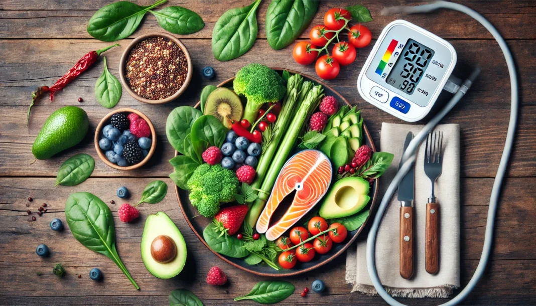 A colorful plate of heart-healthy food including salmon, greens, avocado, and berries with a blood pressure monitor in the background, highlighting diet's role in weight loss and hypertension relief.