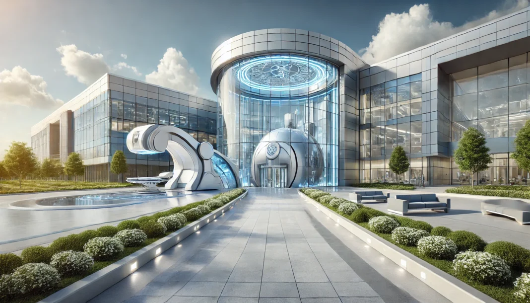 Modern proton therapy cancer treatment center in the United States with glass architecture, landscaped entrance, and high-tech medical design under a sunny sky.