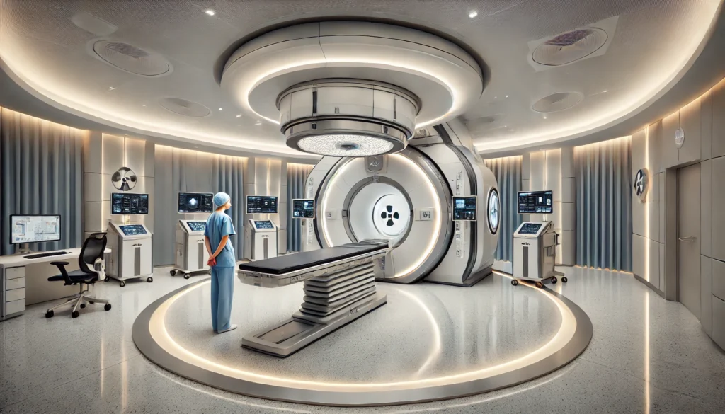 Inside a cutting-edge proton therapy treatment room with a large circular gantry, sleek walls, and a technician operating precision equipment at a leading U.S. cancer facility.