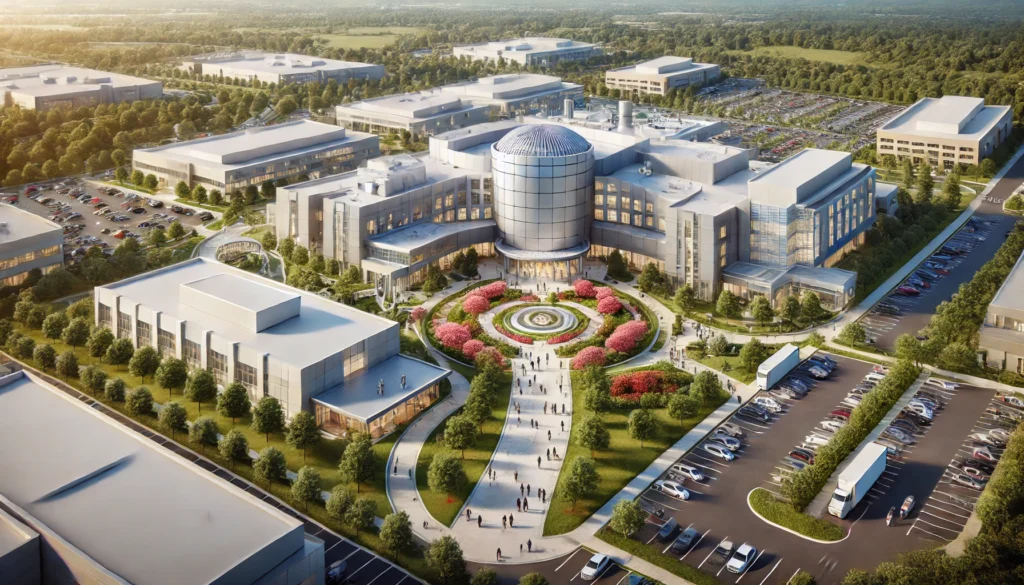 Aerial view of a top U.S. proton therapy cancer center with interconnected modern buildings, green landscaping, and patients walking on serene pathways.