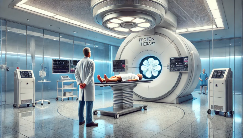 Patient undergoing proton therapy in an advanced U.S. hospital room, lying under a rotating machine while a medical professional monitors from a control room.