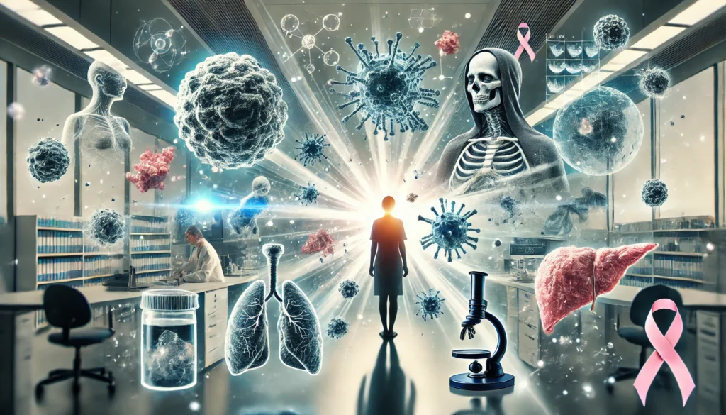 Person surrounded by ghost-like shadows representing cancer myths in a clinical lab, as rays of scientific imagery like x-rays and cellular structures dissolve the darkness, illustrating science dispelling cancer misinformation.