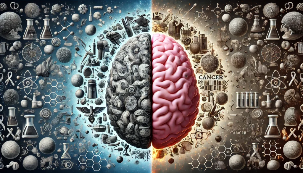 Conceptual image of a brain divided in half, with one side depicting superstitions and outdated cancer myths, and the other filled with vibrant medical research elements, representing the mental shift from myth to science.