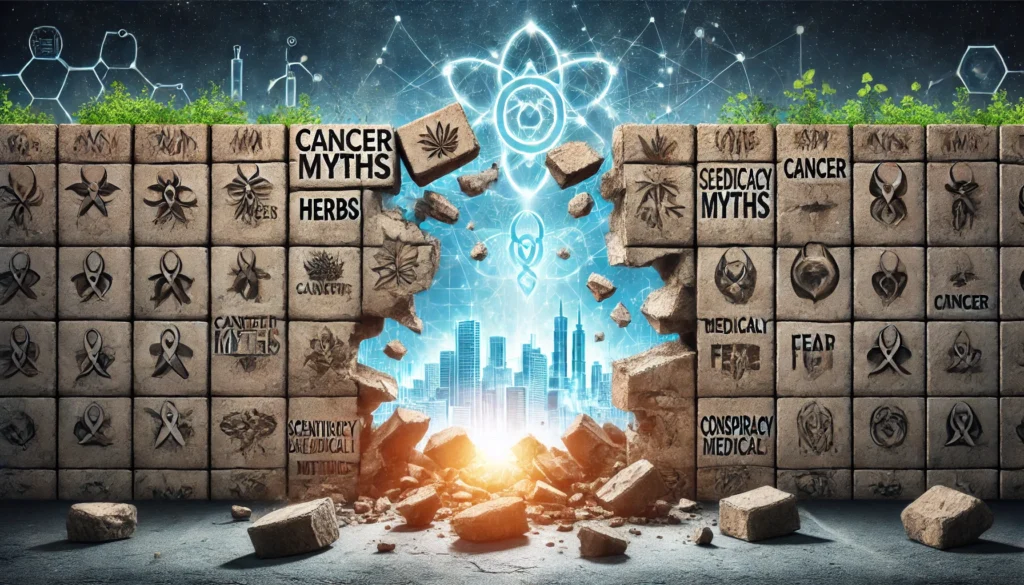 Shattered stone wall covered in visual cancer myths like herbs and conspiracy symbols, revealing a futuristic medical city behind it, symbolizing the breakthrough of scientific truth over misinformation.