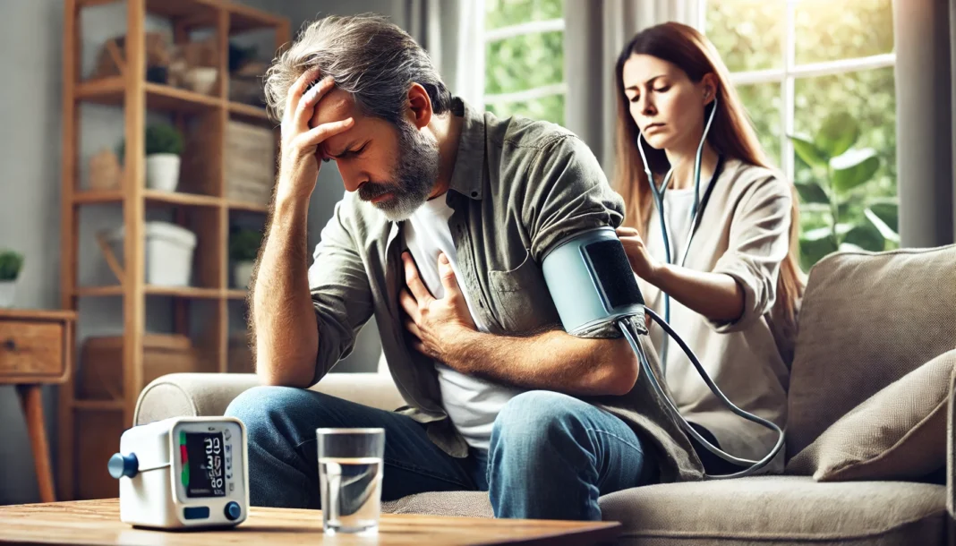 A middle-aged man sits on a couch at home, appearing distressed and holding his head, while a family member checks his blood pressure using a home monitor. The scene includes soft lighting, a water glass, and medical equipment, reflecting a hypertensive emergency being managed in a calm domestic setting.