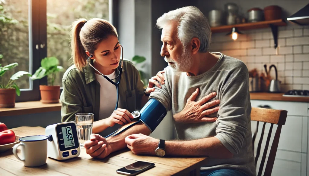 A senior man sits hunched in a kitchen chair, holding his chest in visible discomfort, while a younger caregiver kneels beside him and checks his blood pressure with a digital monitor. A glass of water and phone rest on the kitchen table, capturing a real-life response to a sudden hypertensive crisis at home.