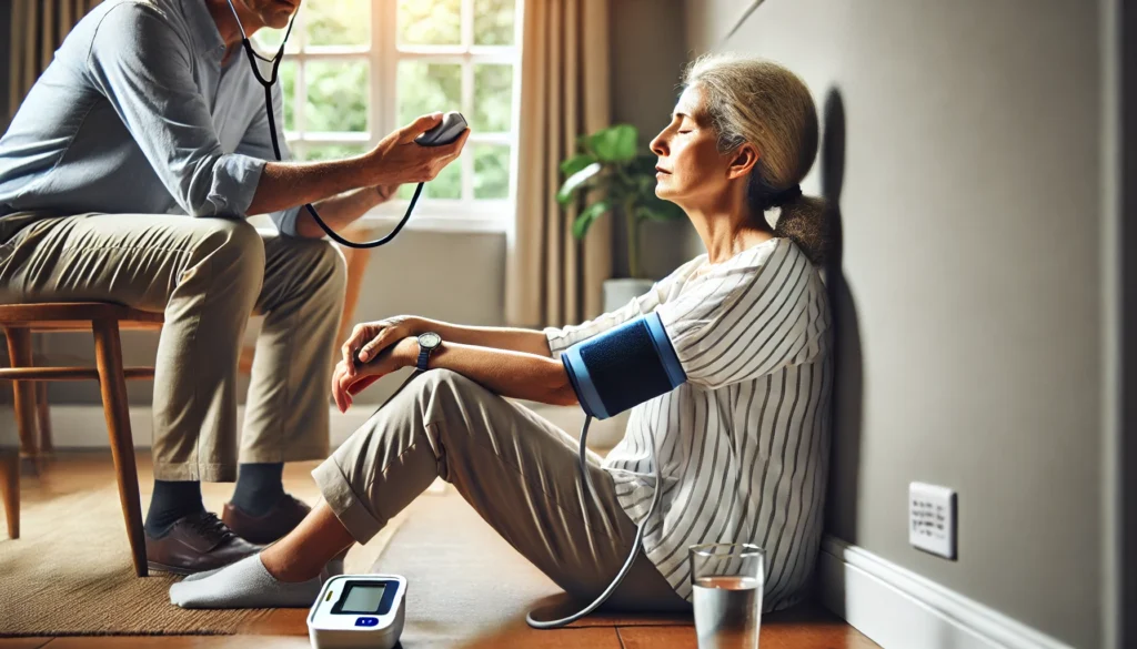 An adult woman sits on the floor at home, leaning against a wall with eyes closed and a damp cloth on her forehead, while a family member checks her blood pressure using a wrist monitor. A glass of water rests nearby, reflecting a calm yet urgent response to a hypertensive emergency in a home setting.