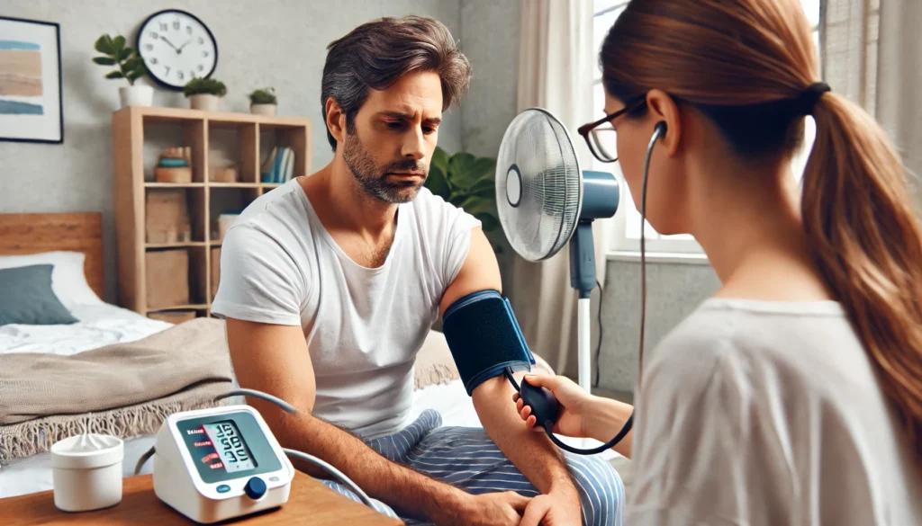 A man in his 40s sits upright in bed at home, appearing pale and exhausted, as a family member checks his blood pressure with a digital monitor. A cold compress rests on his neck, and a fan runs in the background, illustrating an attentive first aid response during a hypertensive crisis at home.