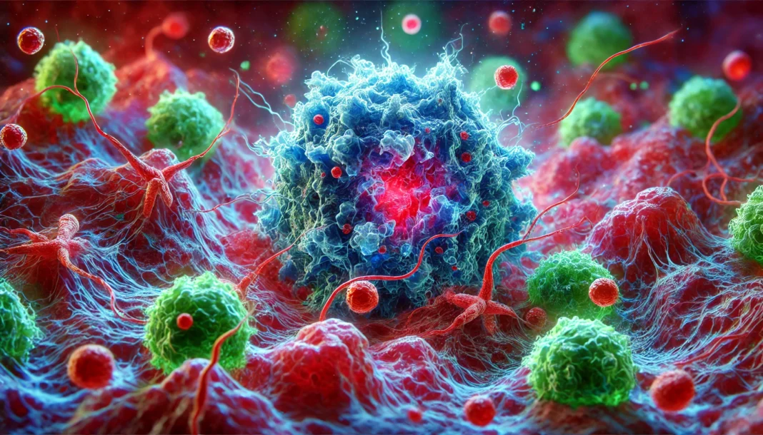 Artistic close-up visualization of tumor-infiltrating lymphocytes attacking a cancer tumor in a vibrant, abstract cellular environment.