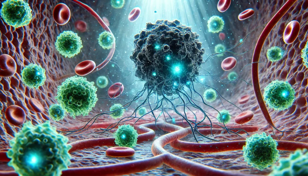 3D conceptual rendering of glowing TIL lymphocytes traveling through blood vessels toward a dark tumor, symbolizing immune response in cancer treatment.