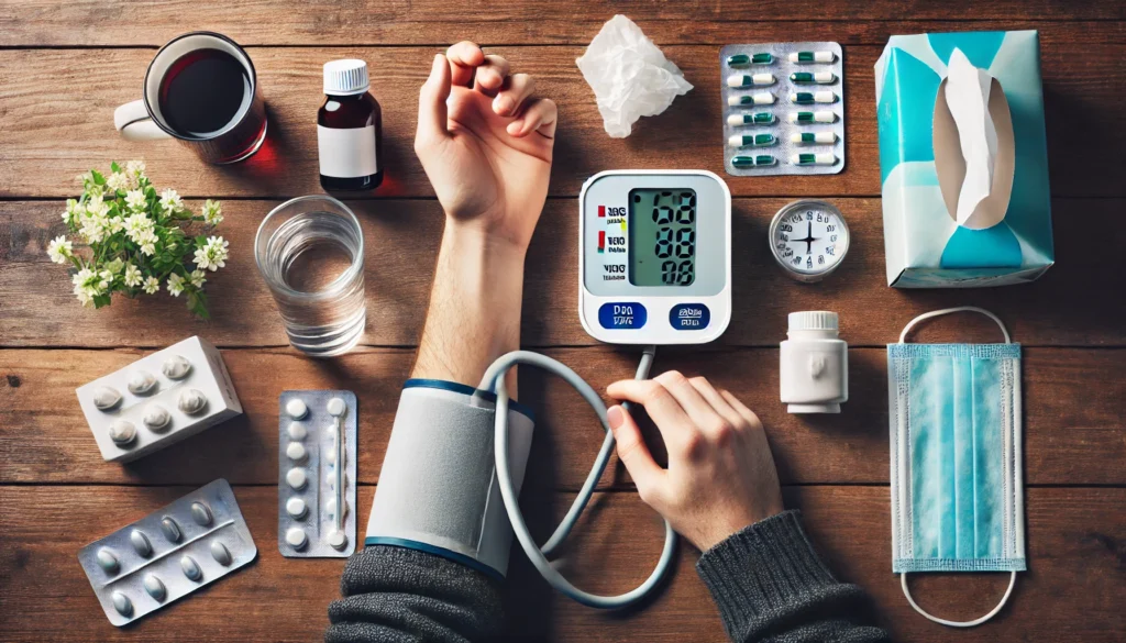 Overhead view of a person measuring their blood pressure with a digital cuff while cold medicine, tissues, and water sit nearby on a wooden table, reflecting the importance of monitoring blood pressure while sick.