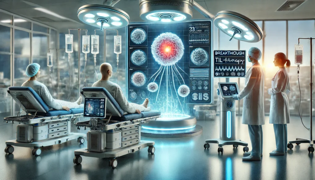 Modern immunotherapy treatment room showing a patient receiving tumor-infiltrating lymphocyte infusion under medical supervision with real-time cellular monitoring.