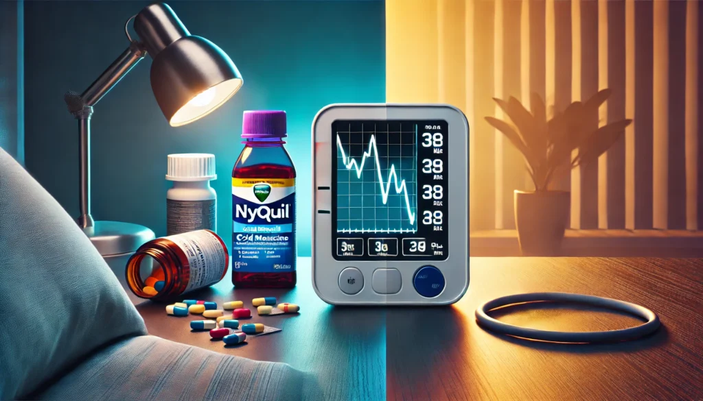 Conceptual split-scene showing NyQuil and cold medicine on one side and a digital blood pressure monitor with a downward trend graph on the other, symbolizing the complex relationship between cold medications and blood pressure regulation.