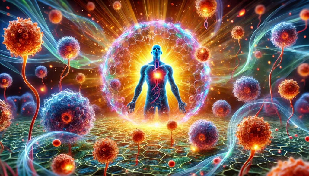 Symbolic representation of tumor-infiltrating lymphocytes forming a glowing shield around healthy cells while attacking cancer cells, portraying the strength of immunotherapy inside the body.