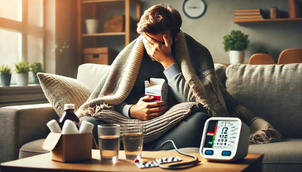 Sick person sitting on a couch wrapped in a blanket, holding their head and a box of cold medicine, with a blood pressure monitor on the coffee table, illustrating concern about how being sick and taking cold medications can affect blood pressure.