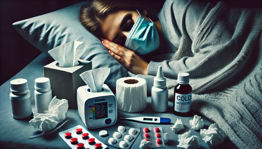 Person lying in bed with a cold, surrounded by cold medicine bottles, tissues, and a thermometer, with a blood pressure monitor nearby, suggesting concern about how cold medications affect blood pressure.