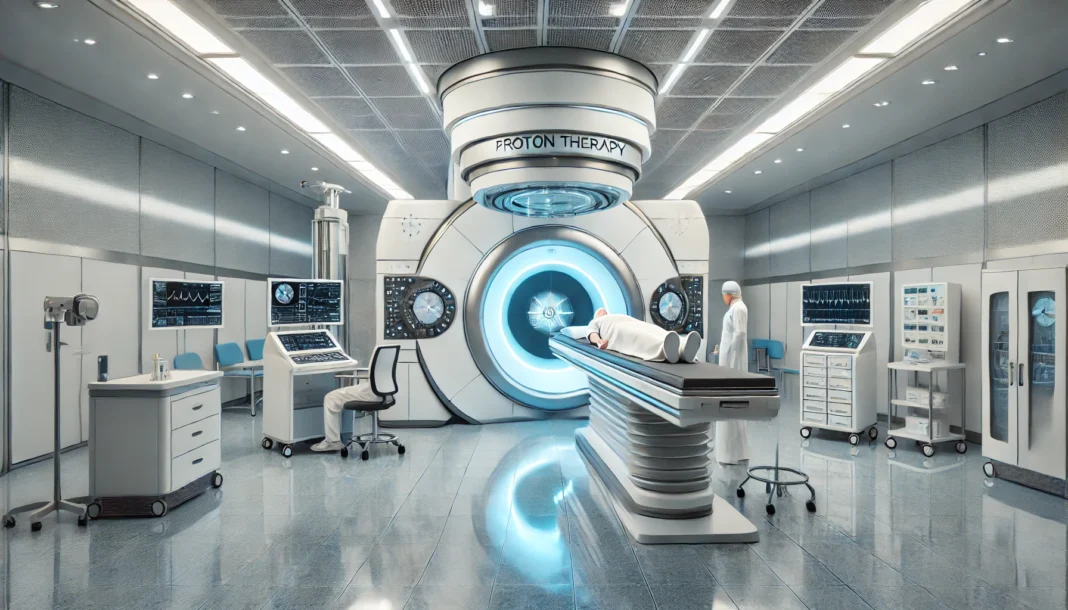High-tech proton therapy treatment room with a large rotating gantry machine targeting a patient on a treatment bed, monitored by a technician behind glass.