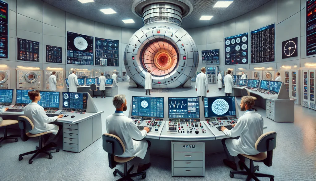 Proton accelerator control room with scientists analyzing real-time imaging and managing advanced digital monitors and proton beam controls.