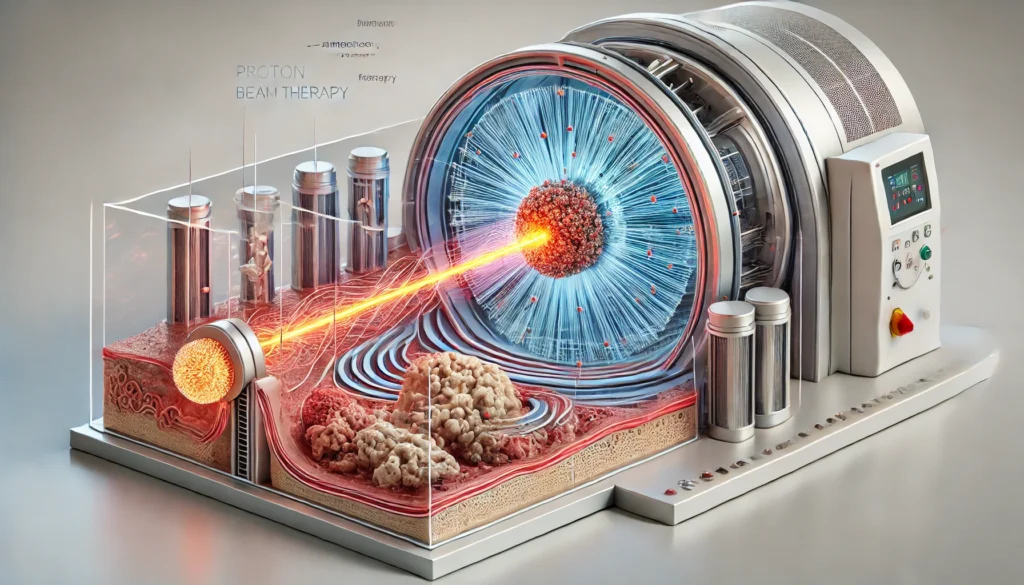 Cross-sectional visualization of a proton beam machine directing proton particles through magnetic fields to a tumor site inside the body.