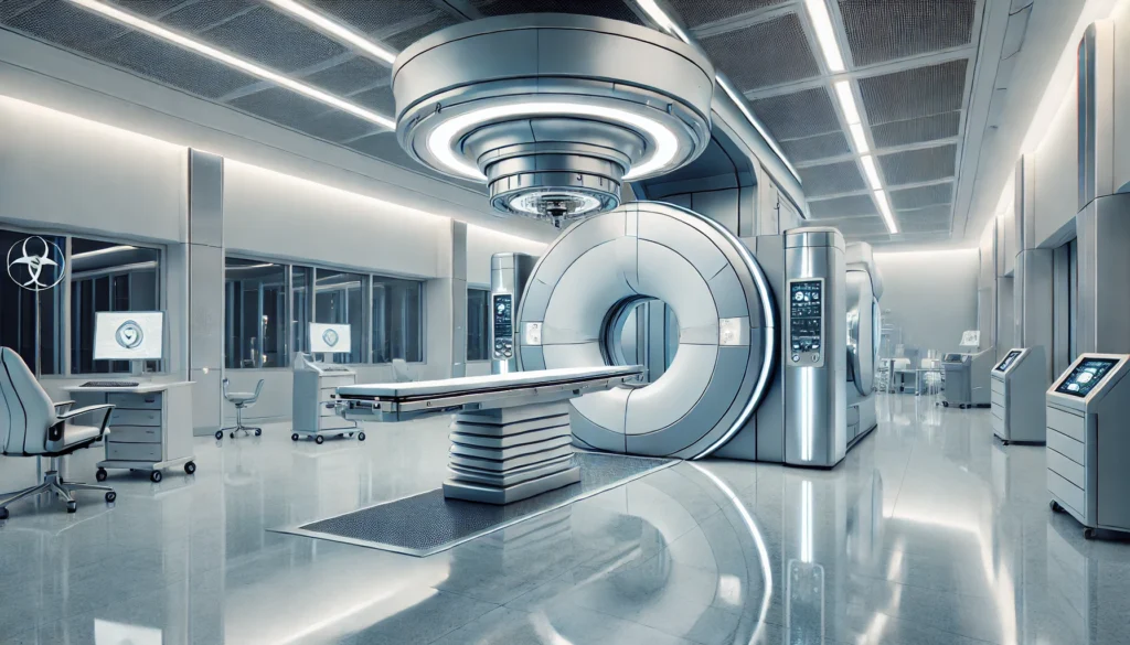 Empty modern proton therapy suite showcasing sleek architecture, metallic design, and a cutting-edge gantry machine in a sterile clinical setting.