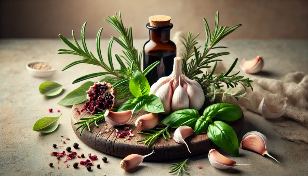 A natural herbal still life with garlic cloves, rosemary, basil leaves, and dried hibiscus petals arranged on a wooden cutting board, symbolizing science-backed herbs used to naturally lower blood pressure.