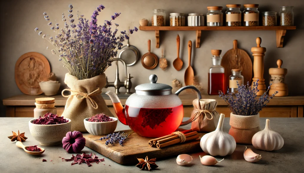 A cozy kitchen countertop featuring a teapot steeping hibiscus tea with nearby herbs like lavender, garlic, and cinnamon, representing heart-healthy natural remedies for hypertension relief.
