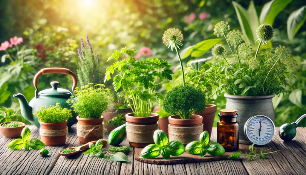 A vibrant garden scene with potted medicinal herbs such as parsley, basil, oregano, and motherwort, showcasing natural approaches to lowering blood pressure in an outdoor setting.