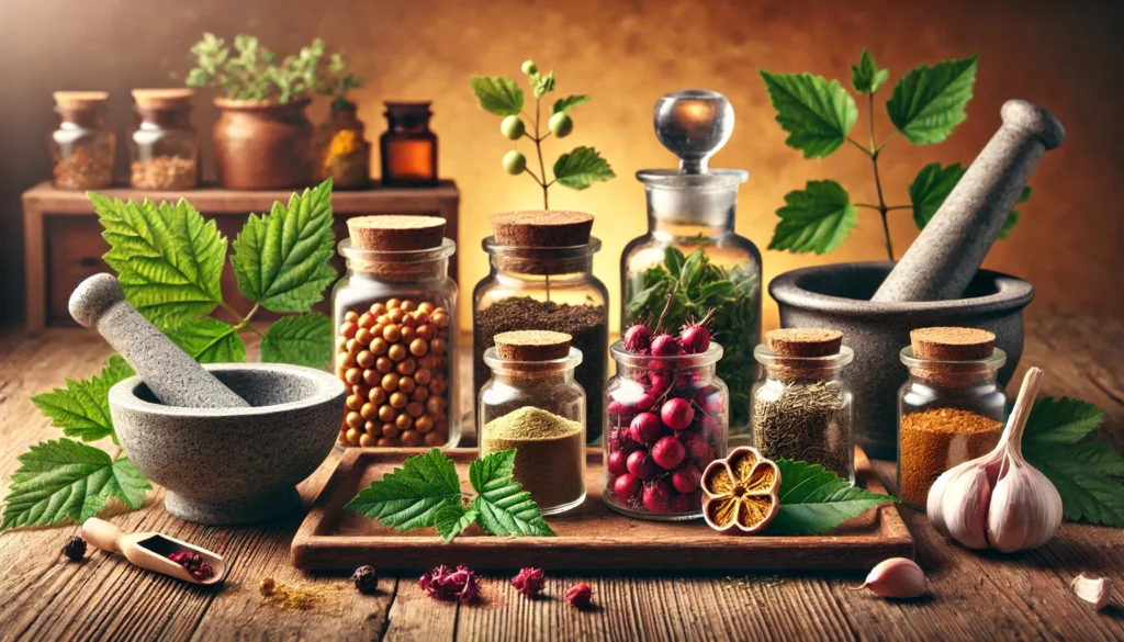 A rustic apothecary table with glass jars filled with dried hawthorn berries, hibiscus, garlic powder, and olive leaf beside a mortar and pestle, highlighting traditional herbal remedies for blood pressure support.