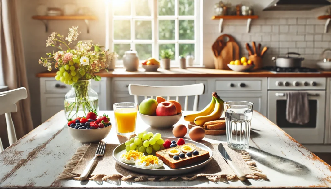 Healthy adult breakfast with whole grain toast, scrambled eggs, fresh berries, banana slices, and a glass of water on a sunlit kitchen table.