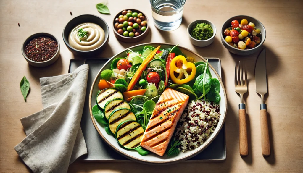 Balanced adult lunch featuring grilled salmon, quinoa, roasted vegetables, and a mixed greens salad with vinaigrette on a wooden dining table.