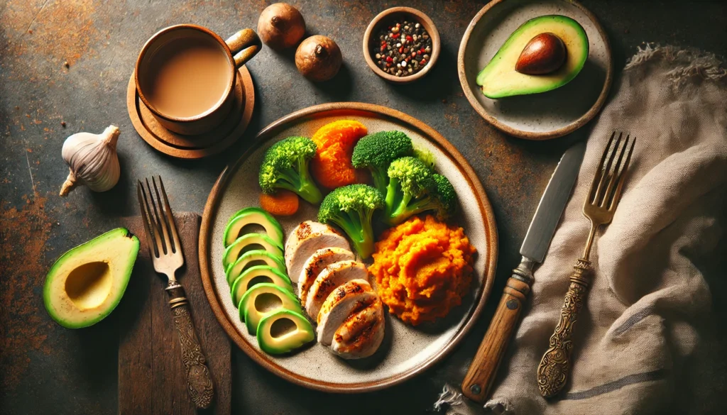 Nourishing adult dinner with grilled chicken breast, steamed broccoli, mashed sweet potatoes, and avocado slices in a cozy rustic setting.